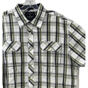 Marc Ecko Men's Plaid Shirt XL Green Blue Embroidered Front‎ & Back Short Sleeve